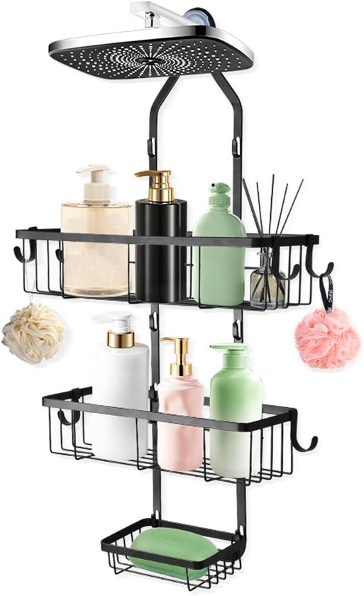JOLY FANG Shower Shelf for Hanging, Shower Rack Without Drilling, with Soap Dish, Multiple Hooks, Shower Shelf, Hanging, Bathroom Organizer (Black