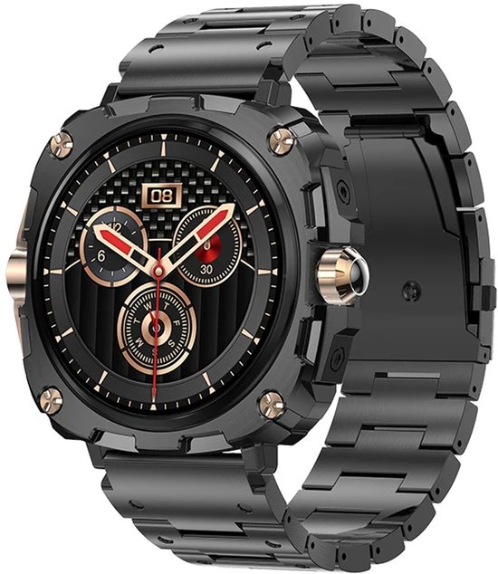Zwarte smartwatch met een roestvrijstalen band. De wijzerplaat is zwart met gouden accenten en wijzers.