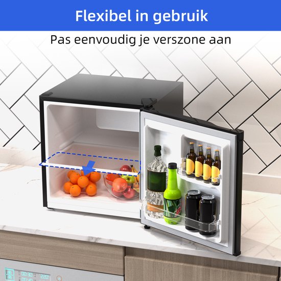 Zwarte minikoelkast met fruit, frisdrank en bier, met tekst 'Flexibel in gebruik'.