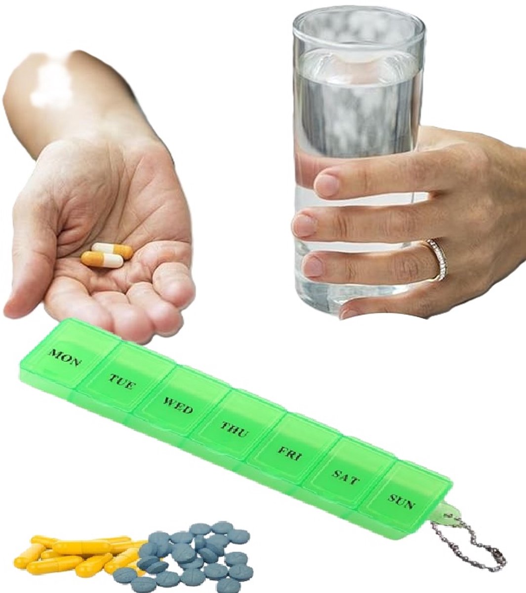 Goedkoopste Pillendoosje I Pillendoos I Medicijn Doosje I Pil Box I Maandag t/m Zondag I 7 dagen I 1 Week I 16 x 3,5 x 2,2 cm I Incl. Sleutelkoord I Groen