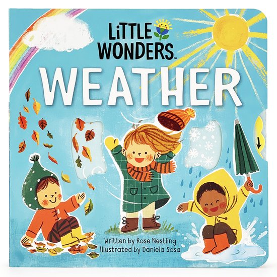 Des enfants jouent dans différentes conditions météorologiques, avec pluie, soleil, feuilles d'automne et neige. Titre : Weather.