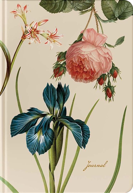 Leren journal met een illustratie van een roze roos, een blauw-paarse iris en rode bloemen.