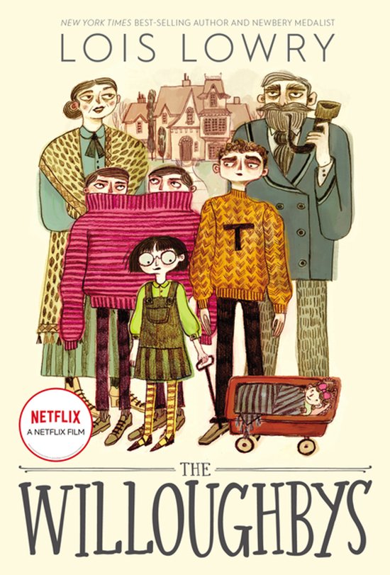 Boekcover van 'The Willoughbys' met de familie en een huis op de achtergrond. "The Willoughbys" is een Netflix-film.
