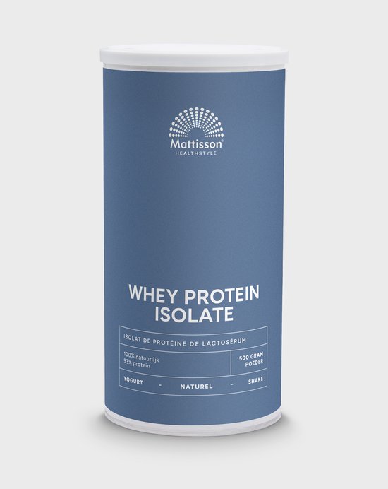 Blauwe bus Mattisson Whey Protein Isolate, 500 gram poeder.