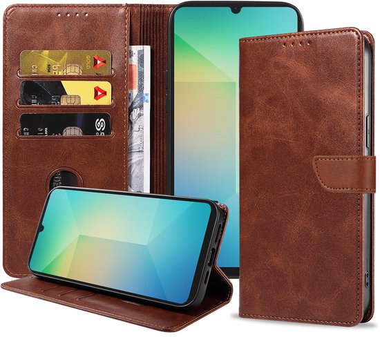 Bruine telefoonhoes met portemonnee, creditcards en een dollarbiljet. De telefoon is uitneembaar.