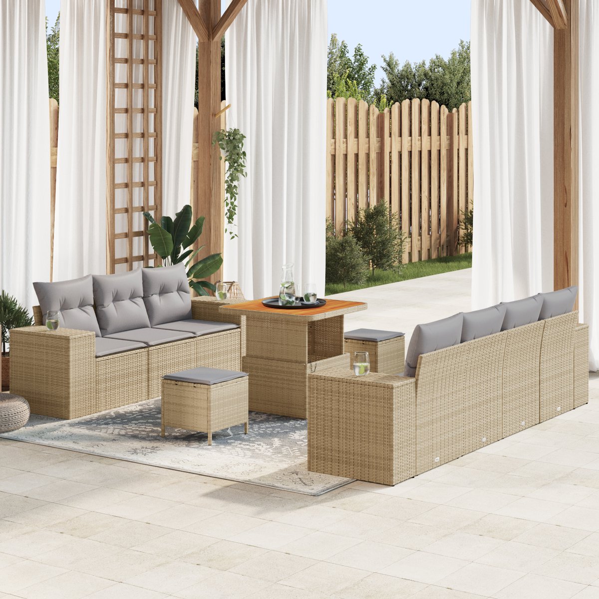 vidaXL - Tuinbank - Set - met - kussen - 10 - pcs - Beige - en - Lichtgrijs - Poly - Riet