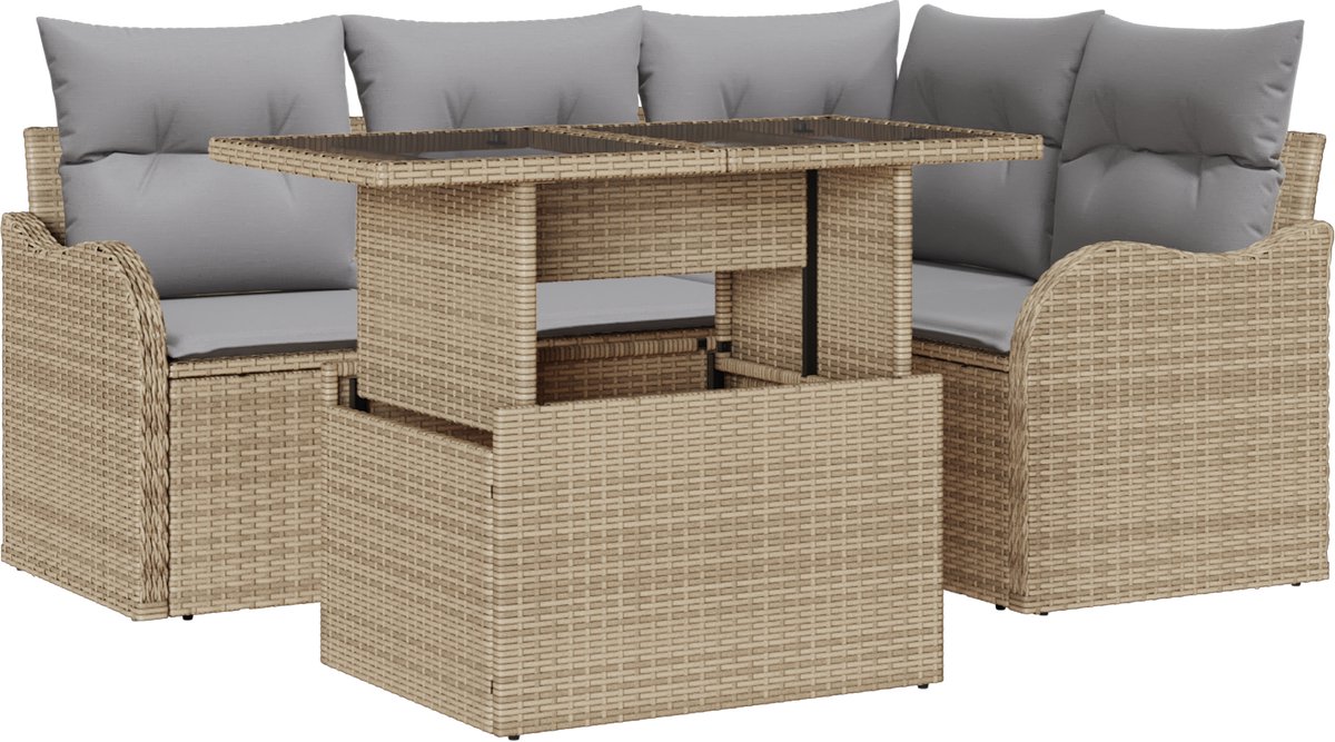 vidaXL - Tuinbank - Set - met - kussen - met - kussen - 5 - pcs - Beige - Poly - Riet