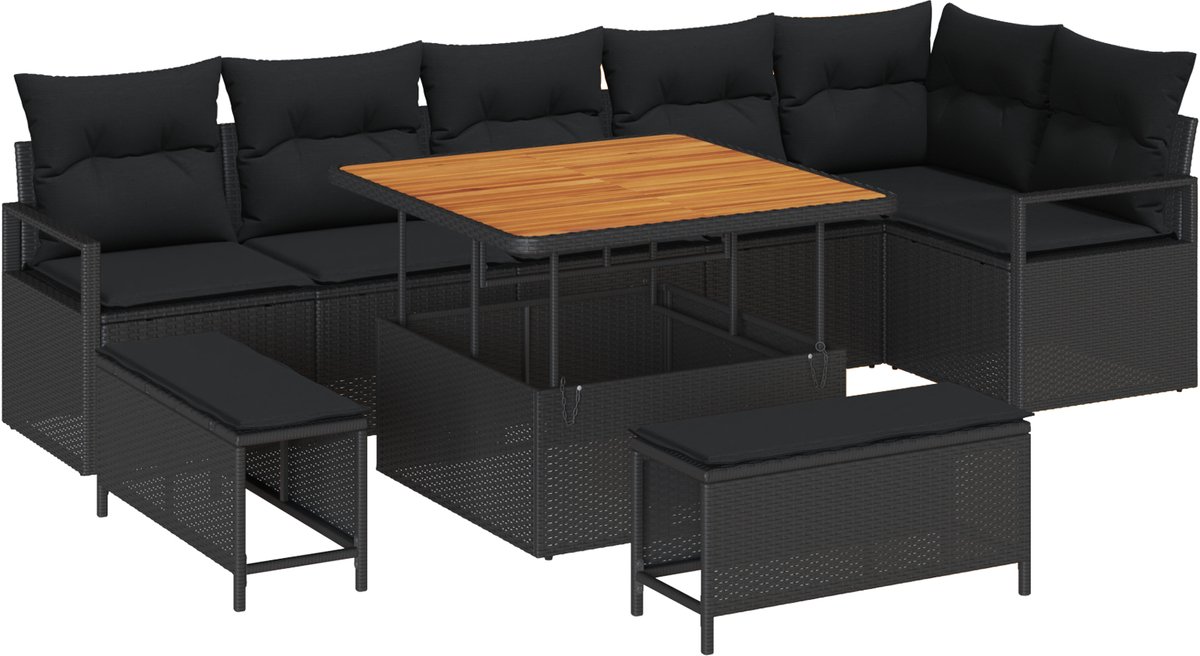 vidaXL - Tuinbank - Set - met - kussen - 9 - pcs - Zwart - Poly - rattan
