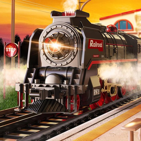Train Électrique Vapeur Avec Fumée, Lumières Et Son - Ensemble Modulaire Avec 24 Rails Et 4 Wagons - Cadeau Enfant Dès 3 Ans