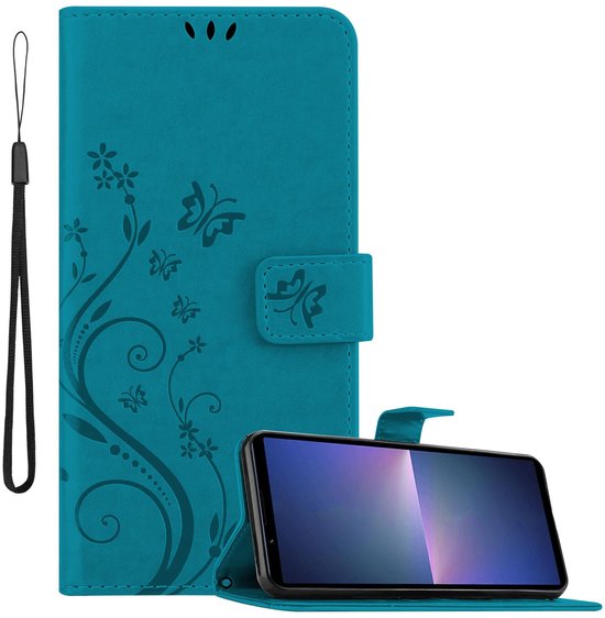 Étui Cadorabo pour Sony Xperia 5 V en BLEU FLEURI - Étui de protection à motif floral avec fermeture magnétique, fonction support et emplacements pour cartes Book Case Cover Etui