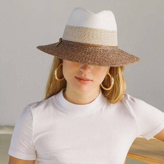 Tina Fedora Chapeau de soleil élégant pour femme Chapeau d'été en paille de raphia Résistant aux UV UPF50+ Taille : 58 cm réglable - Couleur : Champignon