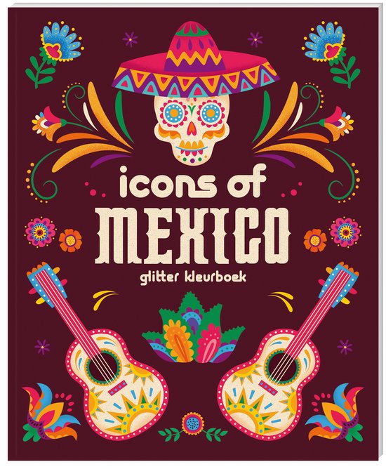Kleurrijke illustratie 'Icons of Mexico' met doodshoofd, gitaren en bloemen.