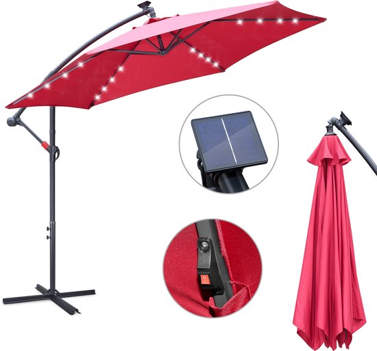 Parasol sur pied 350 cm - Protection solaire pour balcons, jardins et terrasses - Grand parasol déporté à manivelle - Structure robuste - Avec LED - Rouge