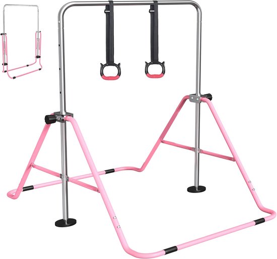 Roze rekstok met twee turnringen, met een illustratie van de ingeklapte toestand.