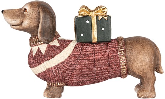 Clayre & Eef Figure de Noël Chien Teckel 47x14x28 cm Marron Rouge Matériau céramique