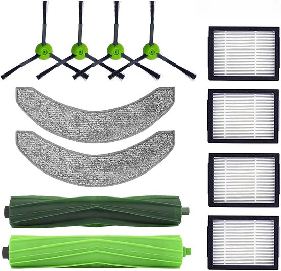 Een set robotstofzuigeronderdelen: vier zijborstels, twee grijze dweilen, twee groene rollenborstels en vier witte filters.