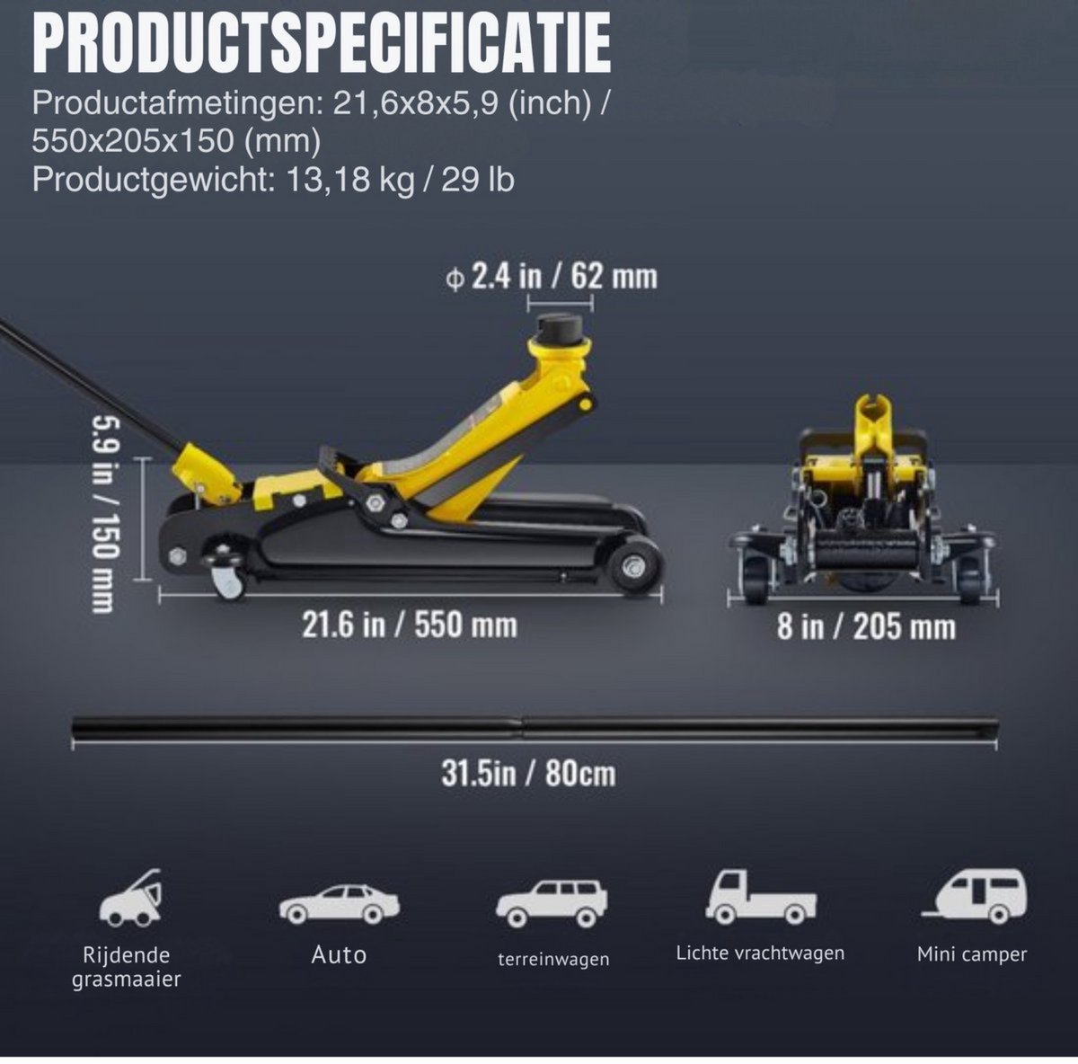 Hydraulische krik met laag profiel voor auto 2,5 ton