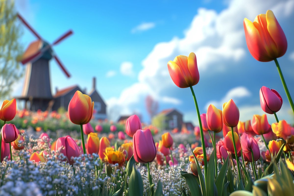 Tuinposter Tulpenveld Windmolen - Natuur Tuinposters voor Buiten - Tuin decoratie - 610 gram PVC - Weerbestendig Tuindoek - G5544KMD - Formaat 90 x 60cm