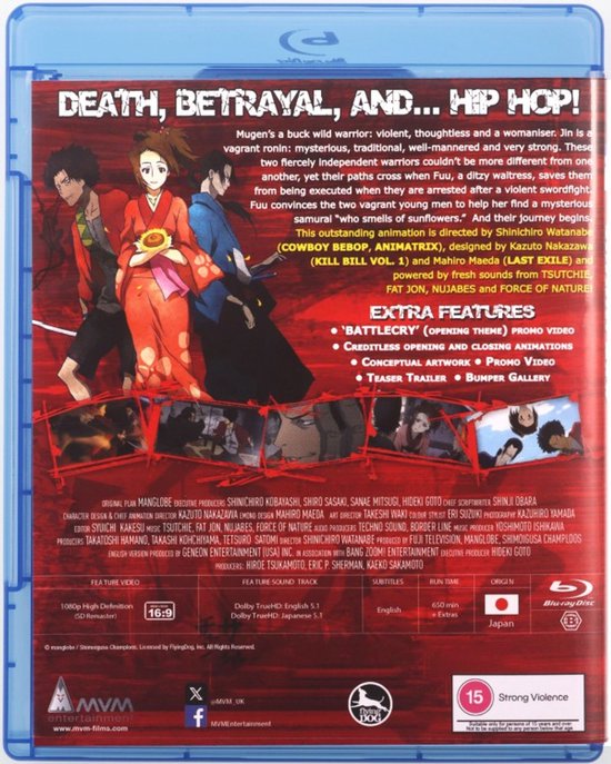 Achterkant Blu-ray van Samurai Champloo, met de drie hoofdpersonen en beschrijving van de inhoud.