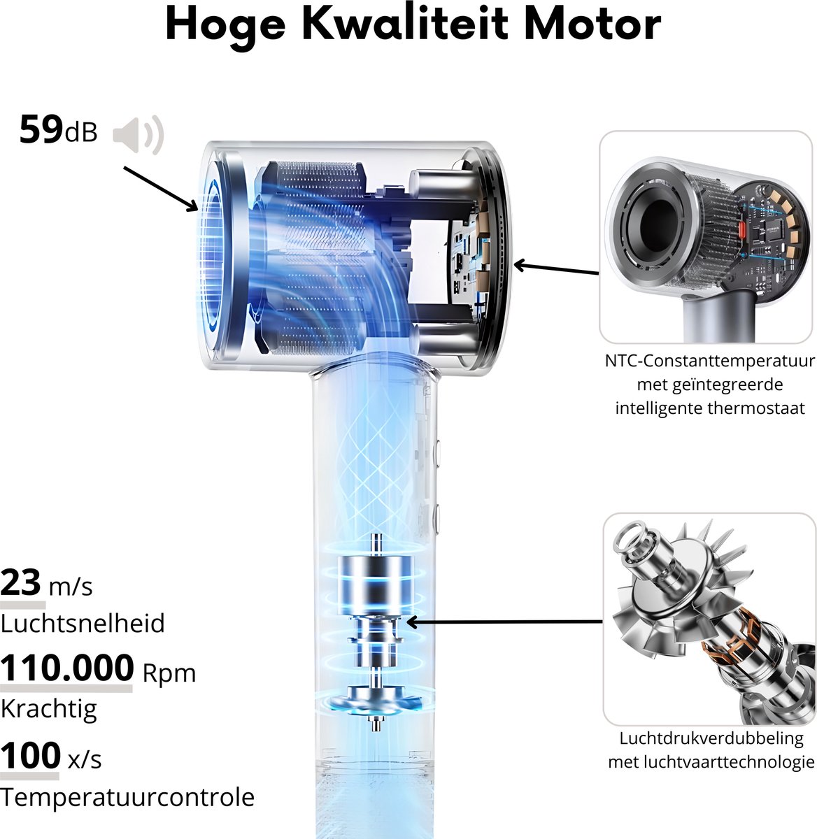 BAESS Föhn met Diffuser - Ionische Haardroger - Krullen - 8 Standen - Hair dryer - Haarföhn - Reisföhn - Coolshot - Platina thumbnail 5