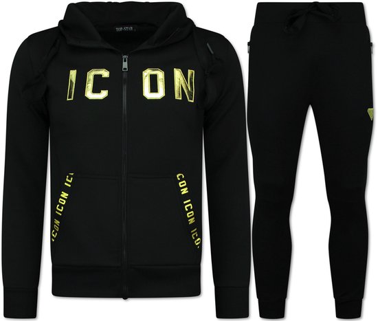 Zwarte hoodie met gouden 'ICON' letters en zwarte joggingbroek met gouden print.