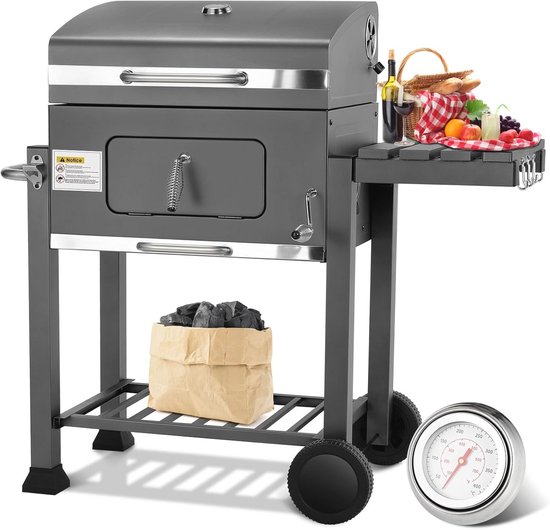 Outsunny Houtskoolgrill, grillwagen met deksel, planken