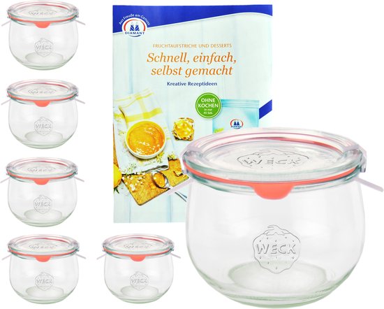 Set van 6 Weck potten 580ml tulpenpotten 1/2L met 6 glazen deksels, 6 inmaakringen en 12 klemmen incl. geleer-magie receptenboekje van Diamantzucker