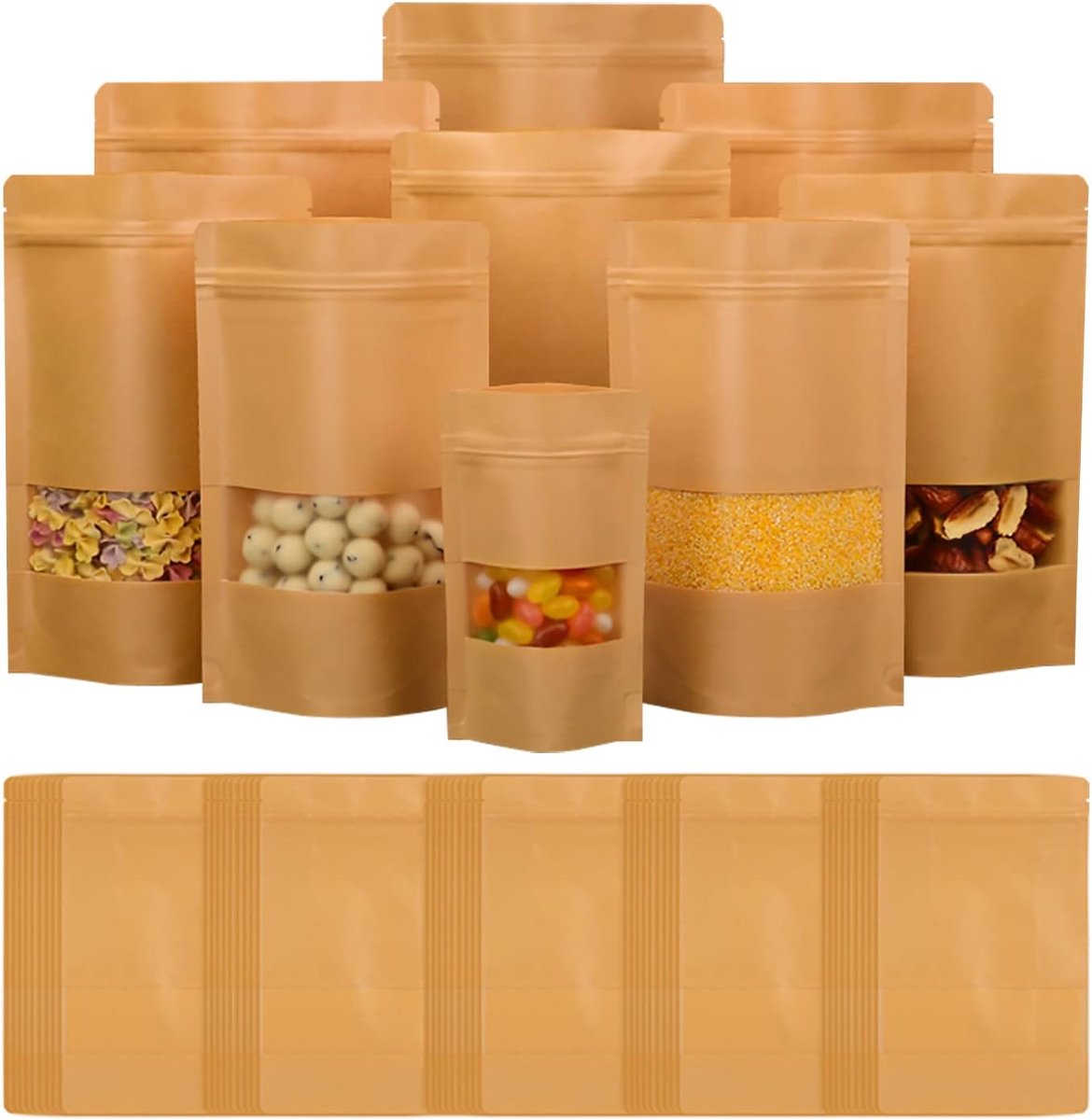 Kraftpapier zakken met venster 10x15 cm - herbruikbare verzegelbare zakken voor noten, theebladeren, specerijen en meer - 100 stuks