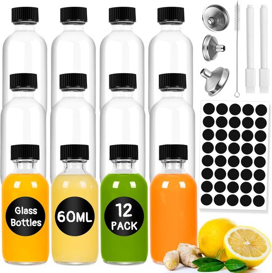 12 Petites Bouteilles Shot de 60ml avec Entonnoir Étiquettes 12 Petites Bouteilles Shot de 60ml avec Entonnoir Étiquettes