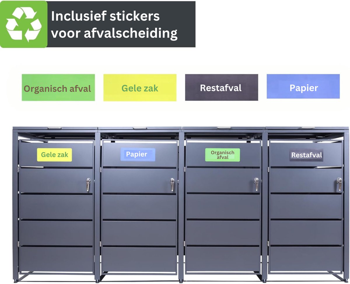 Albatros afvalcontainerbox voor 4 containers | tot 240 liter | antracietgrijs RAL 7016 | verzinkt staal | premium dempers | stickerset | weerbestendig | verstelbare poten | deurklink met slot | tuinbox — afbeelding 4
