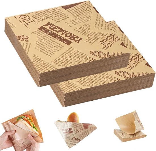 Deli Papieren vellen, 100 vellen wrap papier 25 x 25 cm, friet, sandwich hamer, papier voor mand, bakpapier, verpakkingspapier voor burgers, boterbrood, kaas, friet, cake