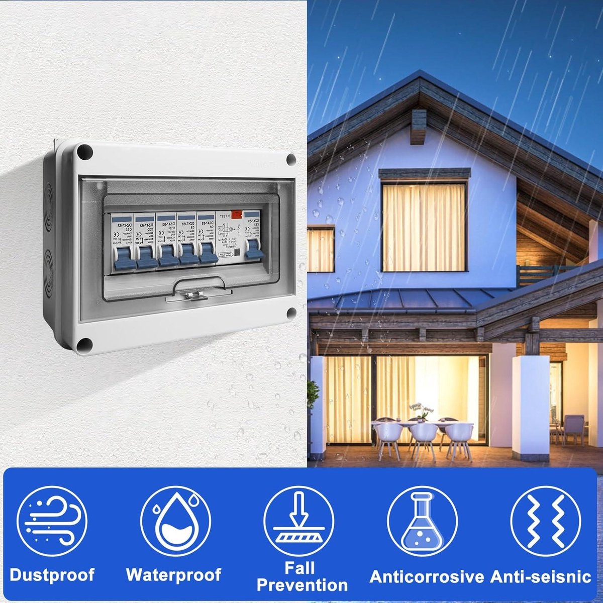 Zekeringkast, 2-weg, kleine verdeler: IP65 waterdichte zekeringkast, opbouw, met FI-schakelaar, 6A 16A, voor garages, caravans, thuis, kantoor (40A 30mA RCD 2MCB