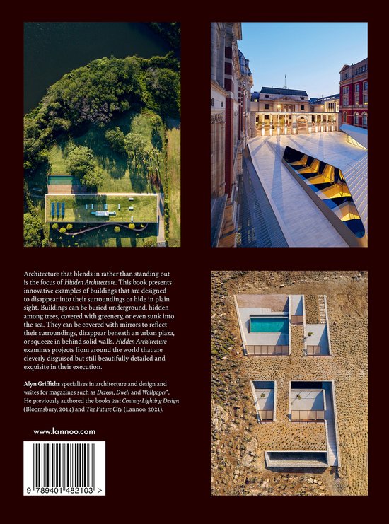 Boek 'Hidden Architecture'. Dronebeelden van een modern huis met groen dak en zwembad, een futuristisch gebouw met glazen dak, en een huis ingebouwd in de aarde met zwembad.