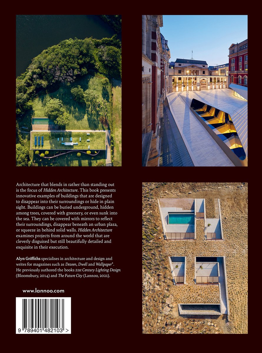 Boek 'Hidden Architecture'. Dronebeelden van een modern huis met groen dak en zwembad, een futuristisch gebouw met glazen dak, en een huis ingebouwd in de aarde met zwembad.