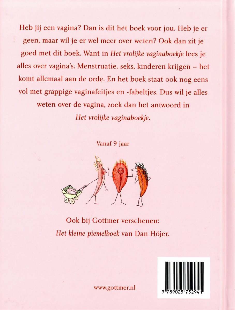 Boek met rode tekst over een vagina, menstruatie en seks. Met illustraties van vreemde wezentjes en een vagina.
