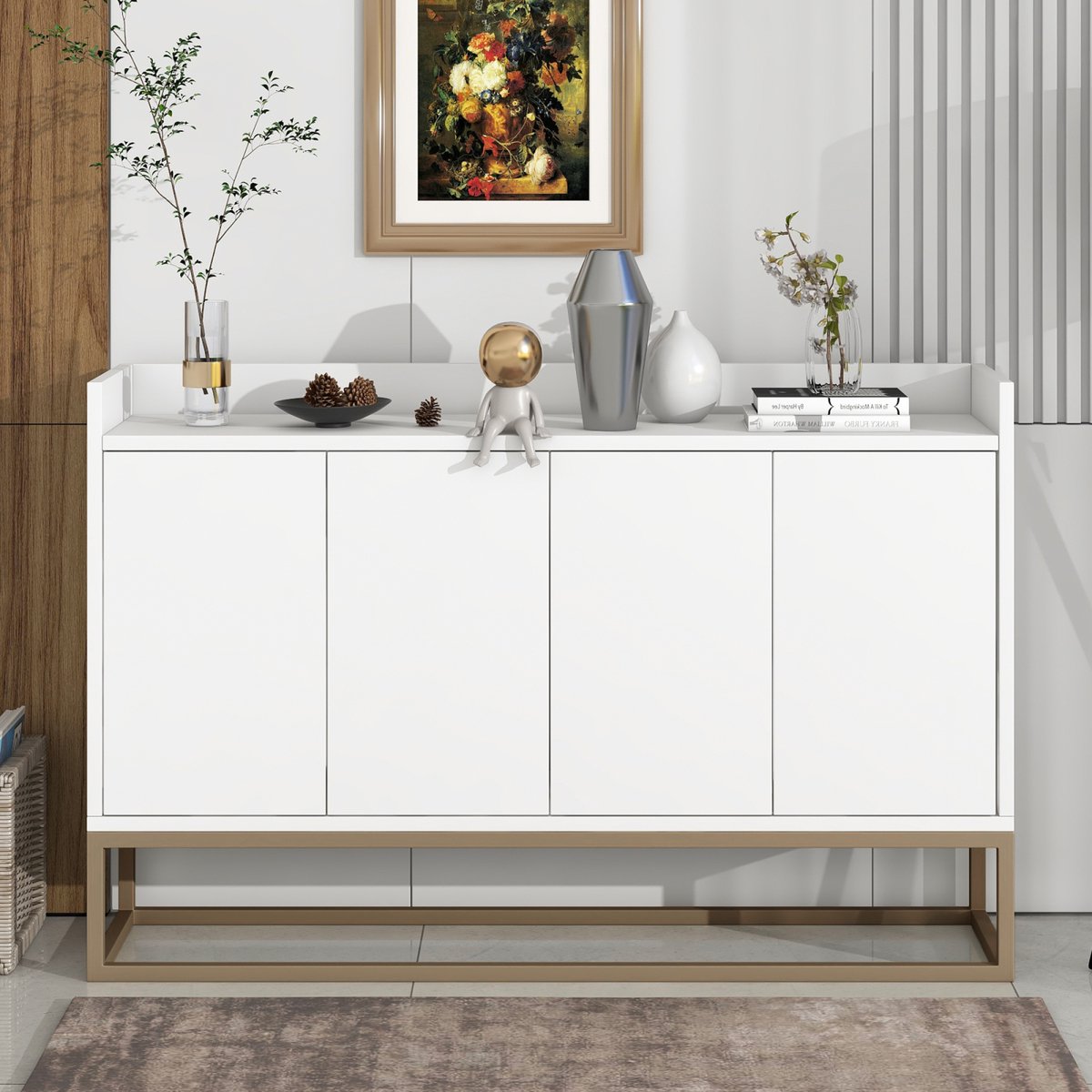 Woonkamer Buffet, Opbergkast met Deuren en Verstelbare Legplank, Modern Keuken Buffet Eetkamer Woonkamer Entree, 120 x 30 x 80 cm, Wit