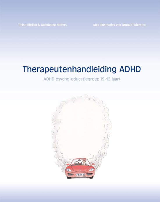 Boek 'Therapeutenhandleiding ADHD' met illustratie van een rode auto met rookwolken.