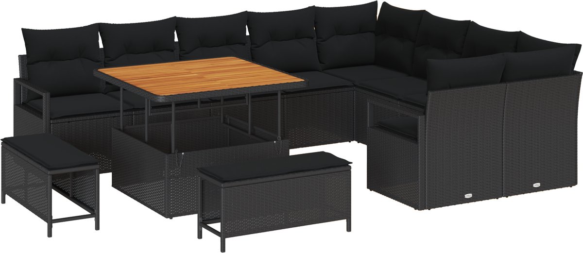 vidaXL - Tuinbank - Set - met - kussen - met - opslag - 12 - pcs - Zwart
