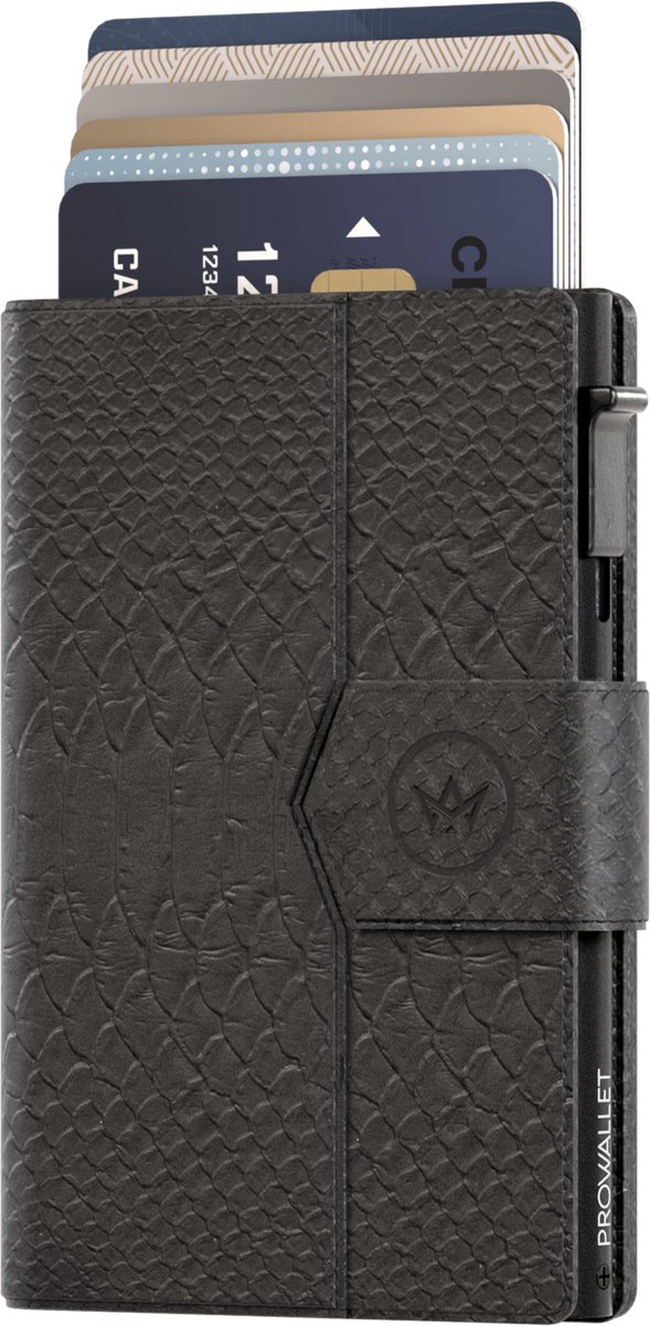Prowallet Plus - Snake Zwart - Pasjeshouder voor 8 pasjes, briefgeld en muntgeld - Uitschuifbaar - RFID Creditcardhouder - Kaarthouder Portemonnee, Premium Pashouder voor Vrouwen - Aluminium, Kunstleer - Incl. Luxe Cadeaubox