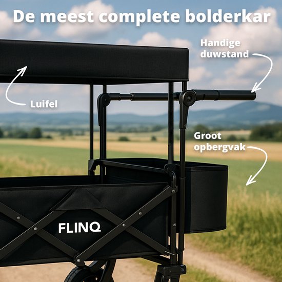 FlinQ Bolderkar met Dak tot 130 KG - Opvouwbaar - Strandkar met Duwstang - Inklapbare Bolderwagen voor Strand - 100L Inhoud met Draaibare Wielen - Zwart van FlinQ — afbeelding 3