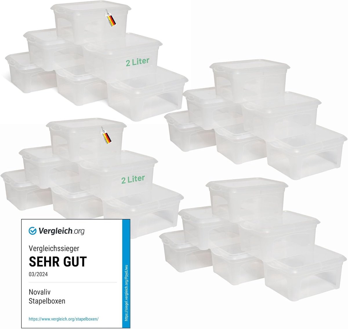 Novaliv 24x opbergdozen met deksel klein 2 L transparant nestbaar stapelbaar kunststof dozen met clipsluiting kunststof BPA-vrij 20x16,5x9 cm zwart