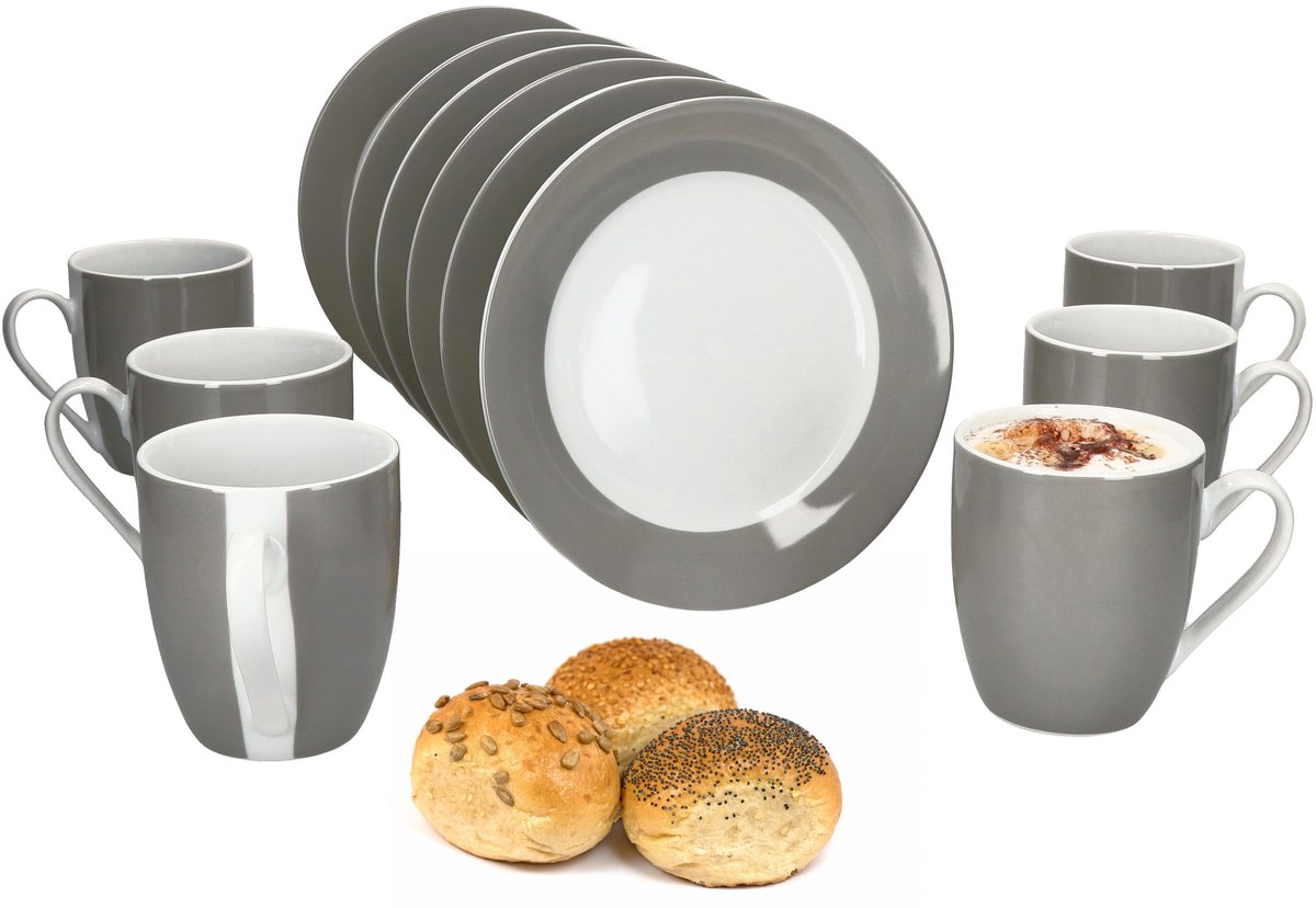 MamboCat 12-delige ontbijtset VARIANT GREY voor 6 personen porselein