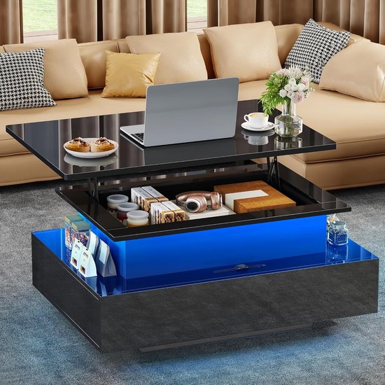 Soweiz Hoogglans koffietafel met opbergruimte en ledverlichting, salontafel, centreertafel voor woonkamer (zwart, 70 x 70 x 41 cm