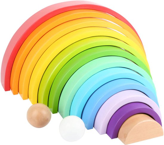 Montessori Stapelblokken Small Foot – Houten Bouwblokken Regenboog XL 14dlg. – Het Montessori Bouwblokken Stapelen Kleurherkenning Kinderkamer