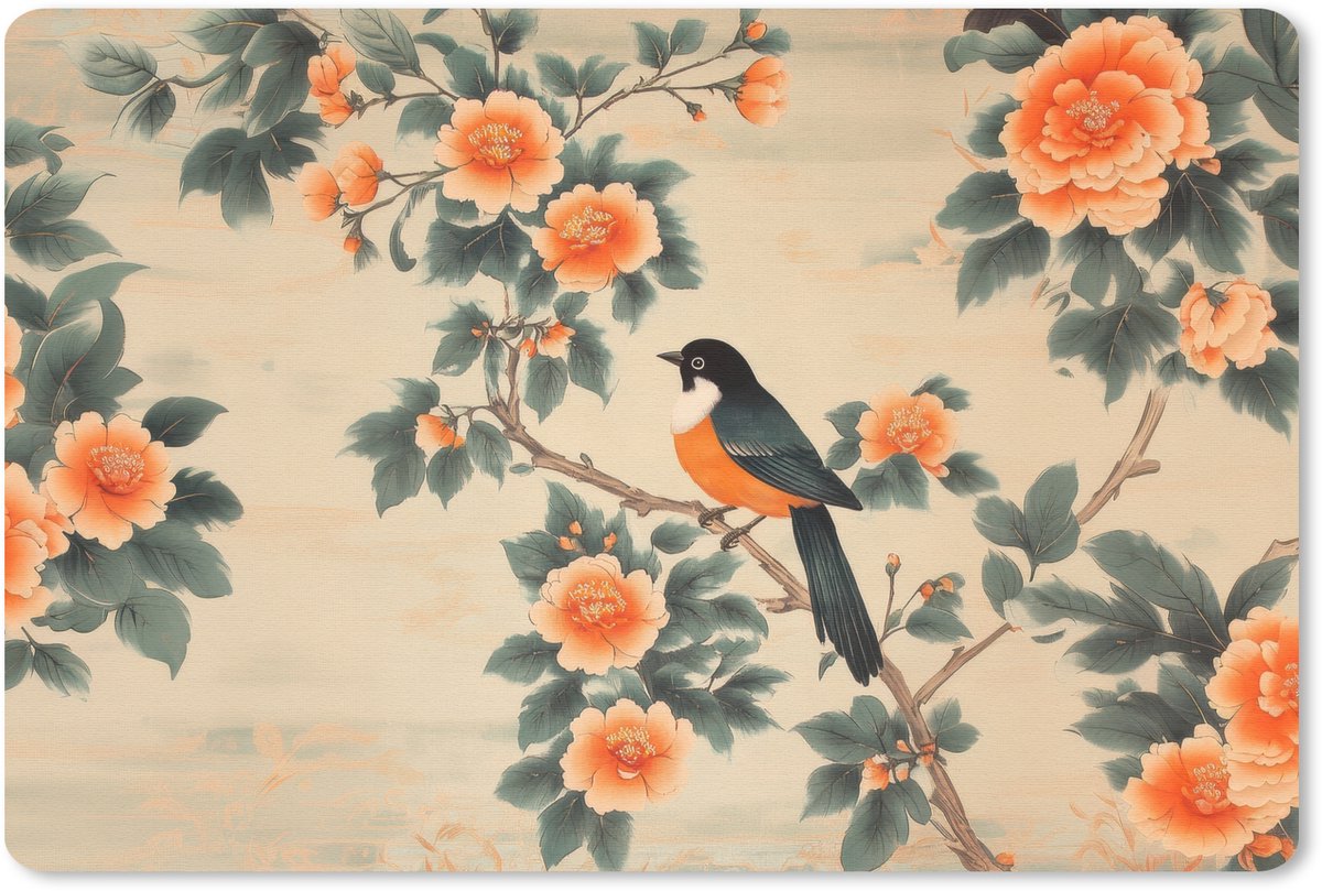 Muismat 27x18 cm - Mousepad Vogel - Tak - Bloemen - Oranje - Muismatten