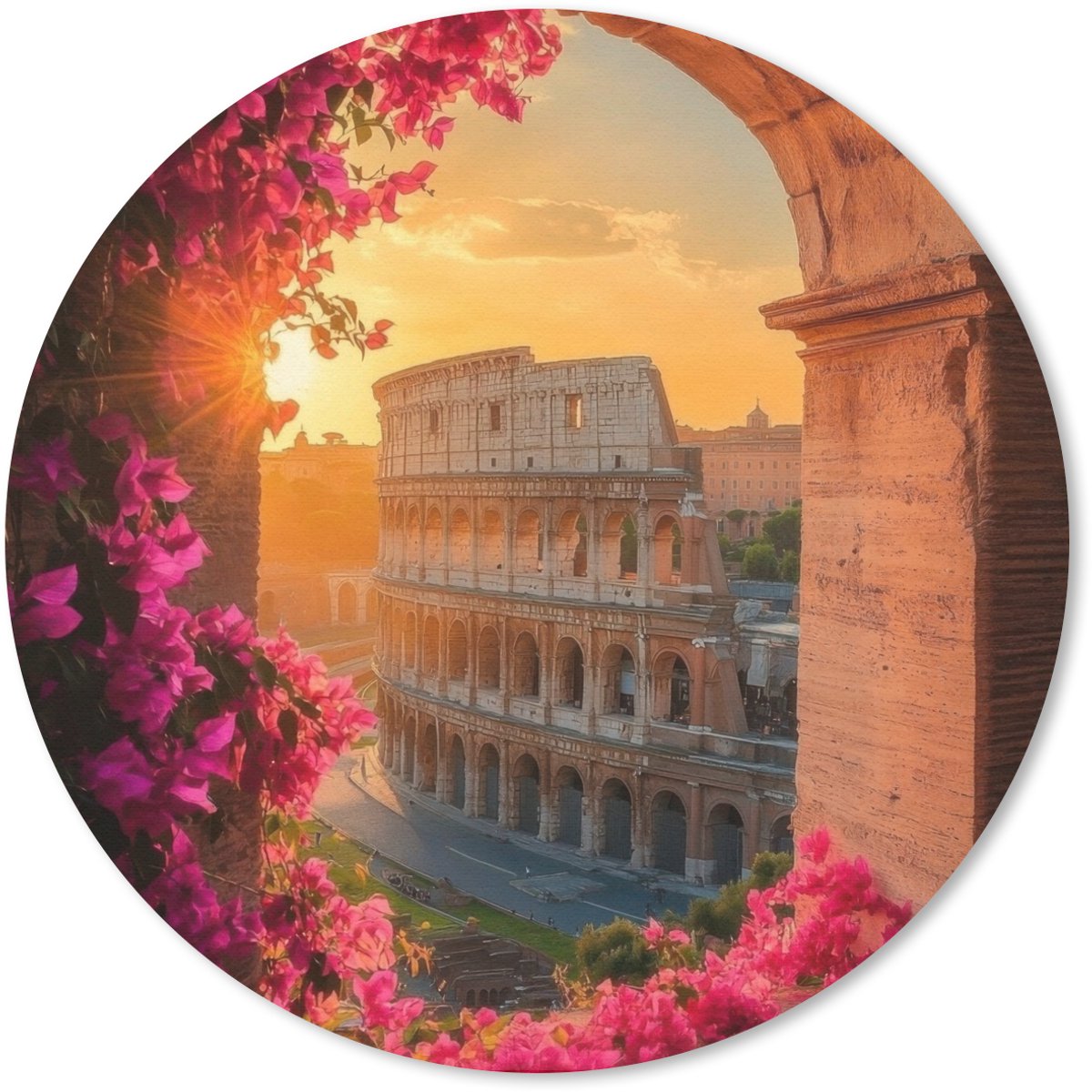 Muismat rond 40x40 cm - Mousepad Colosseum - Rome - Roze Bloemen - Ronde muismatten