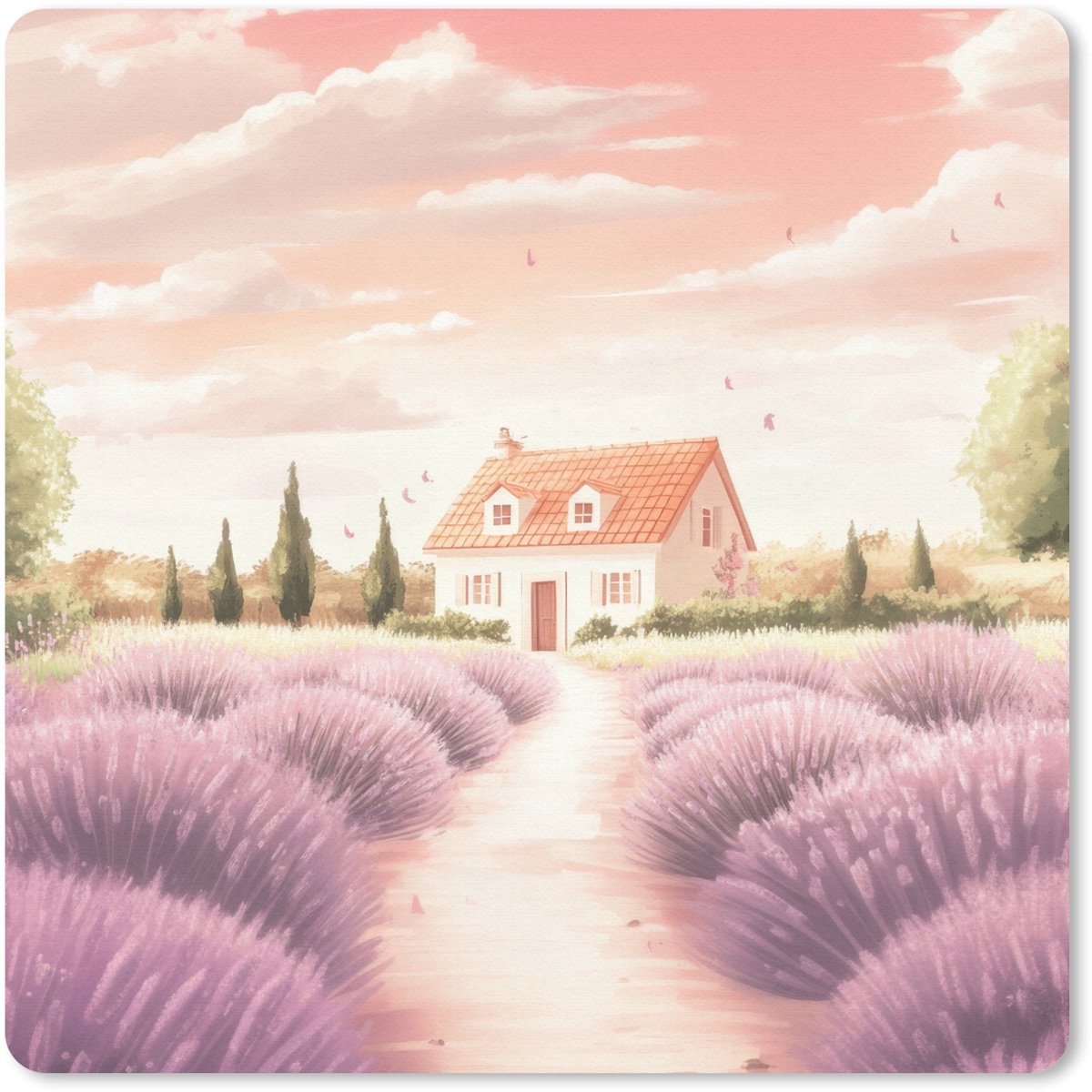 Muismat 30x30 cm - Mousepad Lavendelveld - Huis - Paars - Muismatten