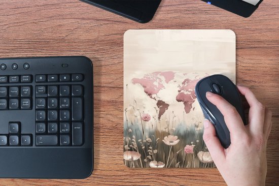 Muismat 19x23 cm - Mousepad Wereldkaart - Roze - Bloemen - Muismatten