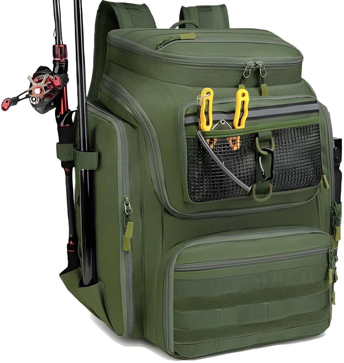 Hengelrugzak met hengelhouders, 45 liter, grote vistas, waterafstotend, voor vissen, wandelen, kamperen, trekking - Groen