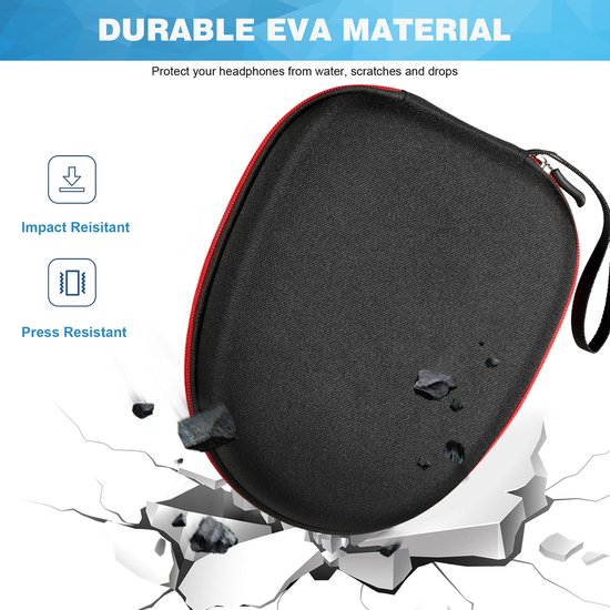 Zwarte YONO koptelefoonhoes met rode rits die breekt door een barst in de grond. "DURABLE EVA MATERIAL"